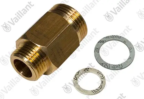 Vaillant Überströmventil aus Messing mit zwei Dichtscheiben. Gezeigt sind Metallgewinde und eine zylindrische Form.